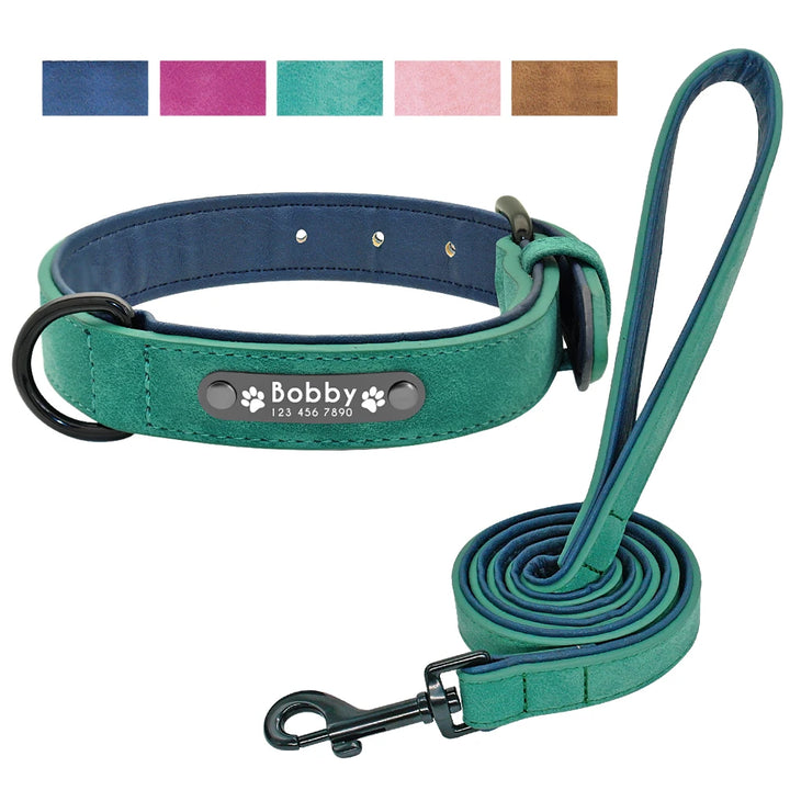 Personalized Engraved Dog Collar and Leash Leather Padded