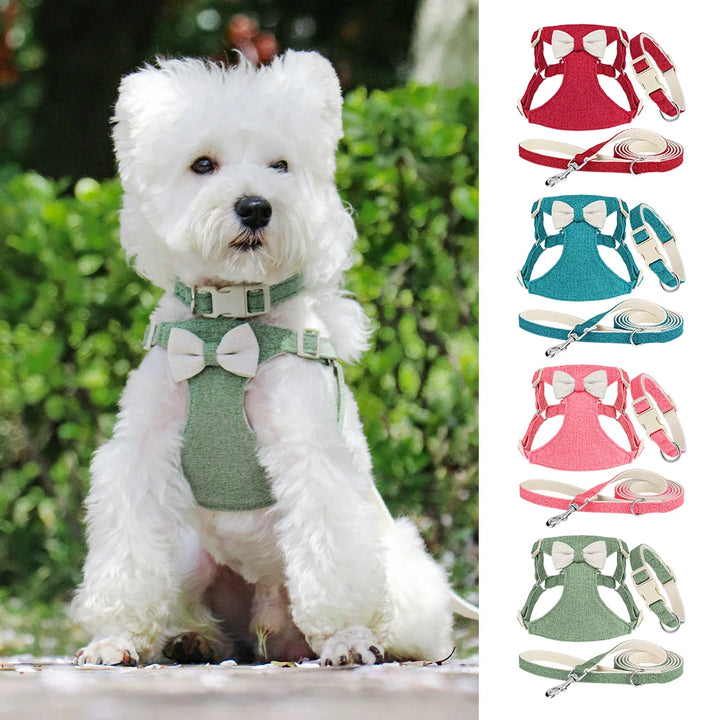 Cute Adjustable Bowtie Dog Harness, Collar & Leash Set