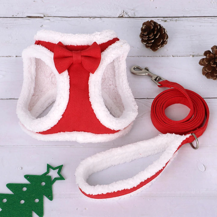 Warm Winter Soft Velvet Dog Harness Leash With Bowtie